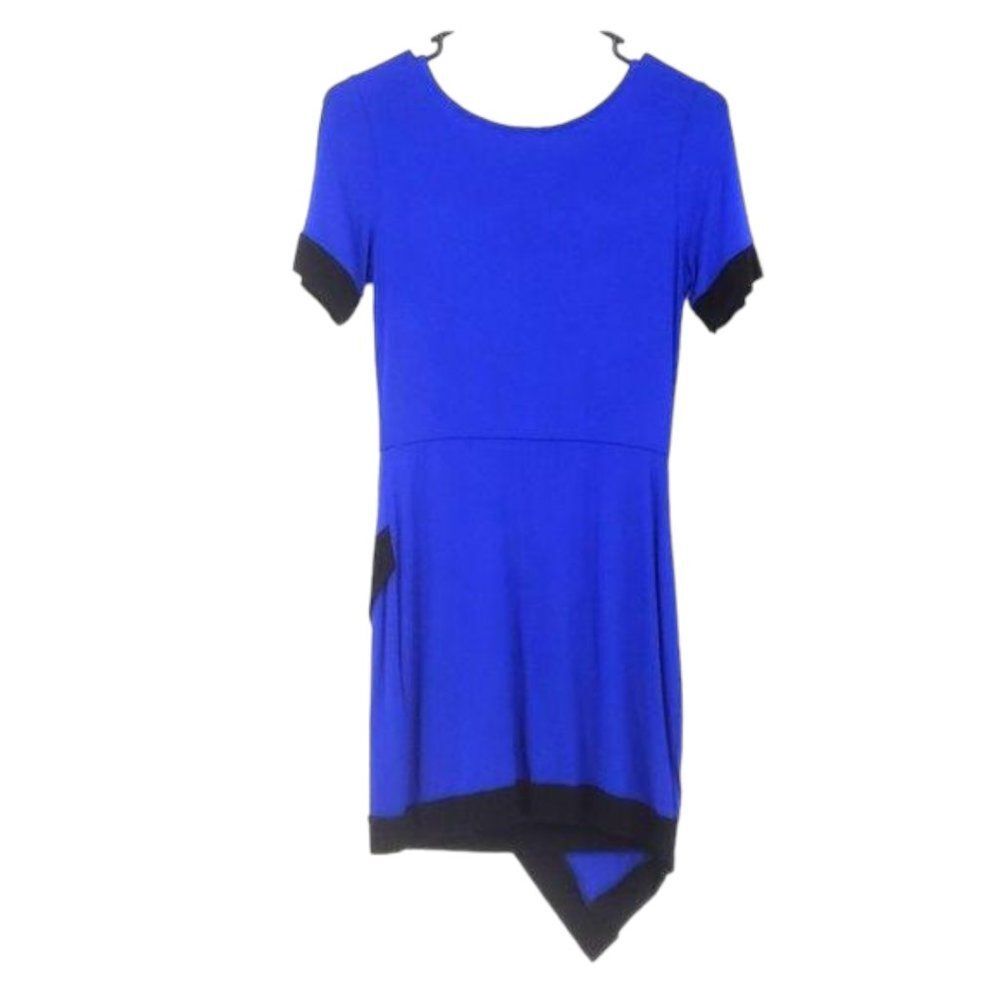 Sweet Claire blue black asymmetrical hem short sleeve dress sz S - Picture 2 of 8